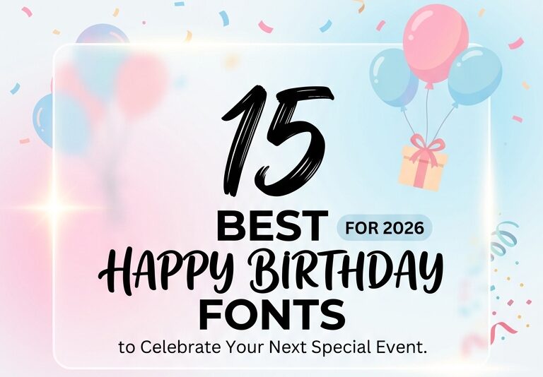 A vertical festive blog banner displaying the text "15 BEST HAPPY BIRTHDAY FONTS 2026 EDITION to Celebrate Your Next Special Event". The number "15" is written in a large, bold black font filled with a gold glitter pattern and surrounded by small gold stars. The rest of the text is in clean black typography on a semi-transparent white card overlay. The festive background features pastel-colored balloons, confetti, small gift boxes, and birthday cake slices.