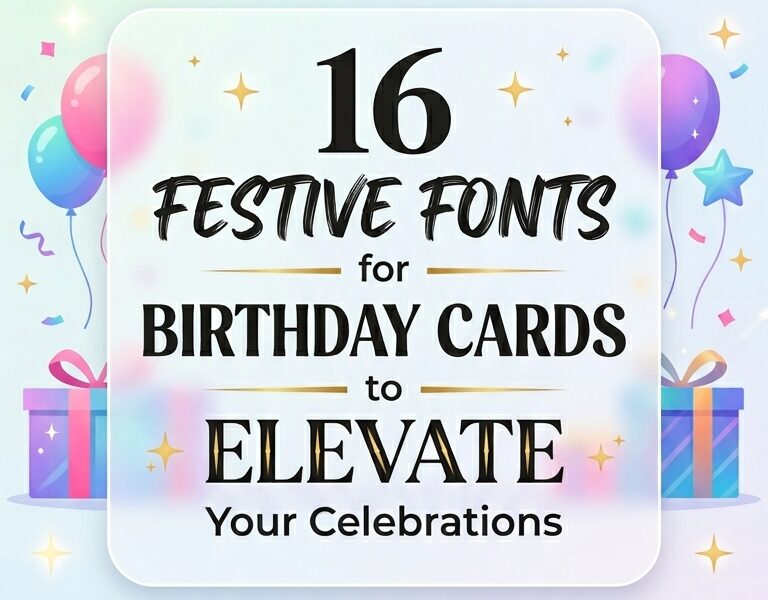 A close-up horizontal blog banner showing a central white rounded card with the text "16 FESTIVE FONTS for BIRTHDAY CARDS to ELEVATE Your Celebrations" written in bold, mixed typography styles. The card is framed by colorful festive elements, including pink, blue, and purple balloons, birthday gifts with ribbons, and glowing gold stars against a soft pastel gradient background.
