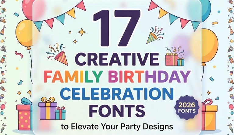 Family birthday fonts collection featuring 17 creative festive typefaces for party designs, decorated with colorful balloons, gift boxes, and party poppers.