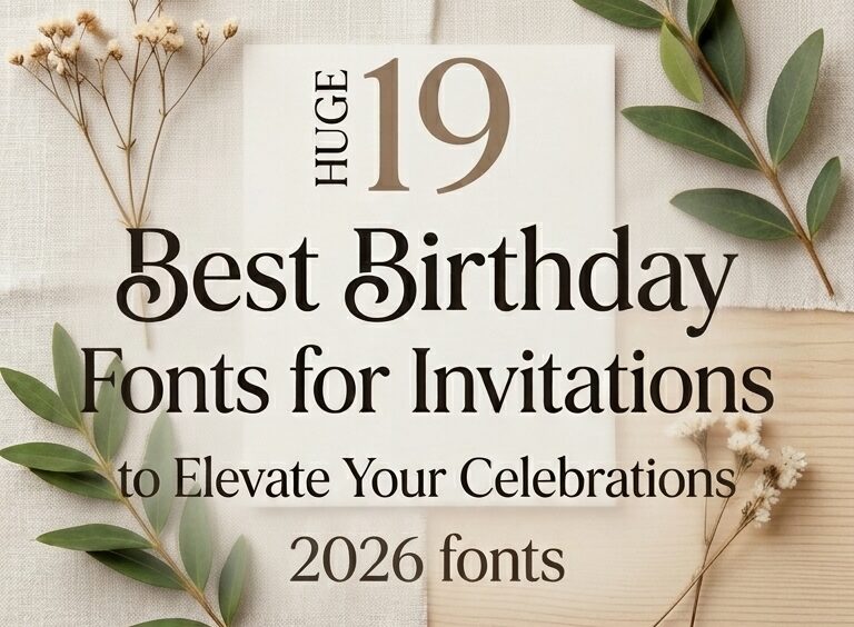 Minimalist product photography on a linen background featuring a white paper card with the text "19 Best Birthday Fonts for Invitations to Elevate Your Celebrations". The design is framed by realistic eucalyptus leaves and dried flowers, highlighting decorative 2026 fonts for graphic designers and DIY crafters.