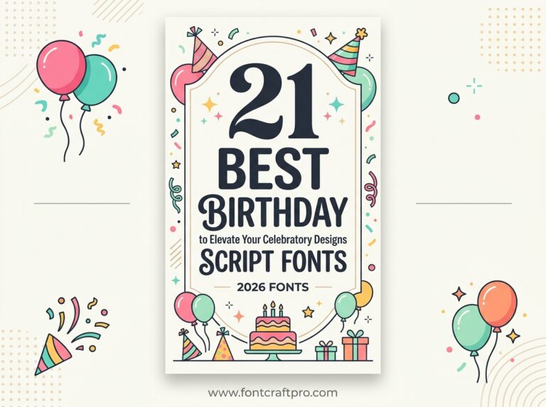 Birthday script fonts collection banner featuring the text "21 BEST BIRTHDAY to Elevate Your Celebratory Designs SCRIPT FONTS" and "2026 FONTS" inside an elegant vintage frame. The layout is beautifully decorated with clean, festive line-art illustrations of a birthday cake with candles, colorful balloons, party hats, gifts, and confetti.