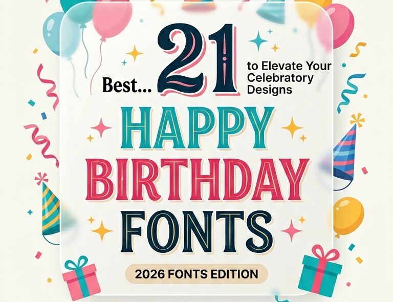 A list of 21 Happy Birthday Fonts with colorful balloons and party graphics featuring modern sans-serif and display typography styles.
