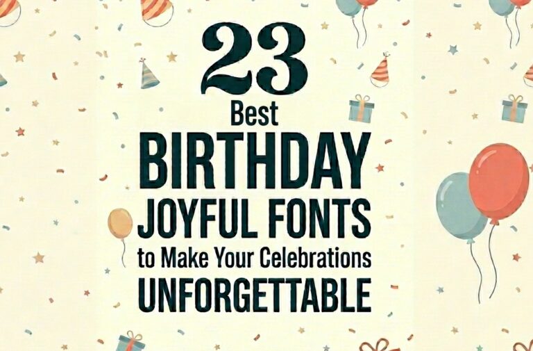 Promotional banner with the text "23 Best BIRTHDAY JOYFUL FONTS to Make Your Celebrations UNFORGETTABLE" and "2026 FONTS" at the bottom. The typography uses a mix of styles: a bold vintage serif for the number "23", a heavy condensed sans-serif for "BIRTHDAY", and a clean sans-serif for the rest. The background is a soft cream color, decorated with a festive watercolor pattern of red and blue balloons, gift boxes, party hats, stars, and confetti.