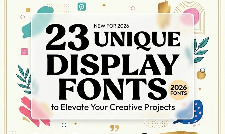 A modern typography banner showcasing the text "23 UNIQUE DISPLAY FONTS" and "FOR EYE-CATCHING GRAPHICS" with the year "2026". The design features an elegant frosted glass aesthetic, abstract pastel geometric shapes, tropical leaves, and golden artistic paint strokes.