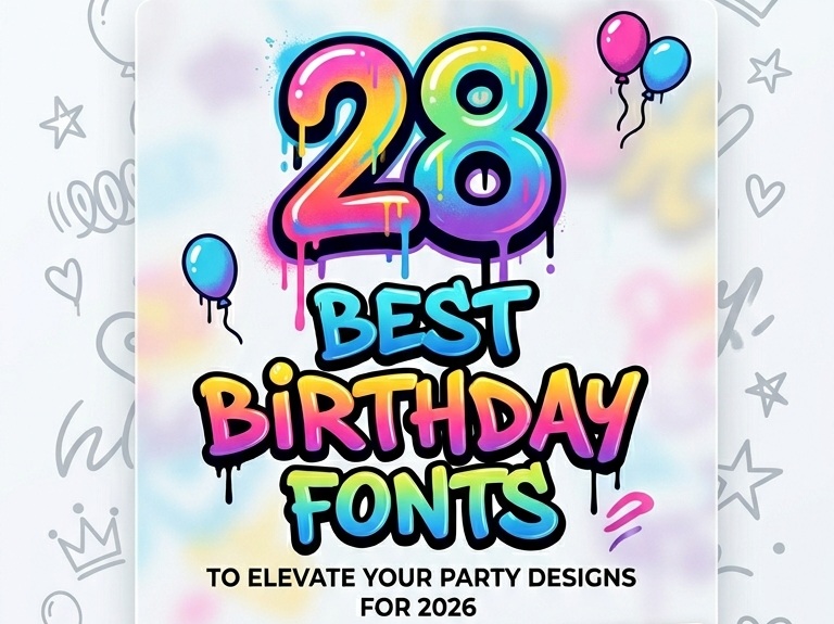 Birthday party font showcase featuring 28 best typography styles for celebration graphics on a colorful graffiti-inspired banner background with rainbow numbers, pastel balloons, and gold confetti.