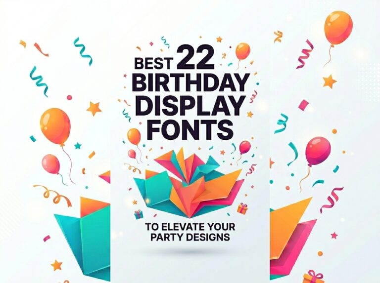 Festive promotional banner featuring the central text "BEST 22 BIRTHDAY DISPLAY FONTS TO ELEVATE YOUR PARTY DESIGNS" in a bold, heavy black sans-serif typography. The clean white background is split into three vertical panels and decorated with vibrant party elements: orange and pink balloons, scattered confetti, curly ribbons, stars, and explosive geometric origami-style shapes in teal, orange, and magenta.