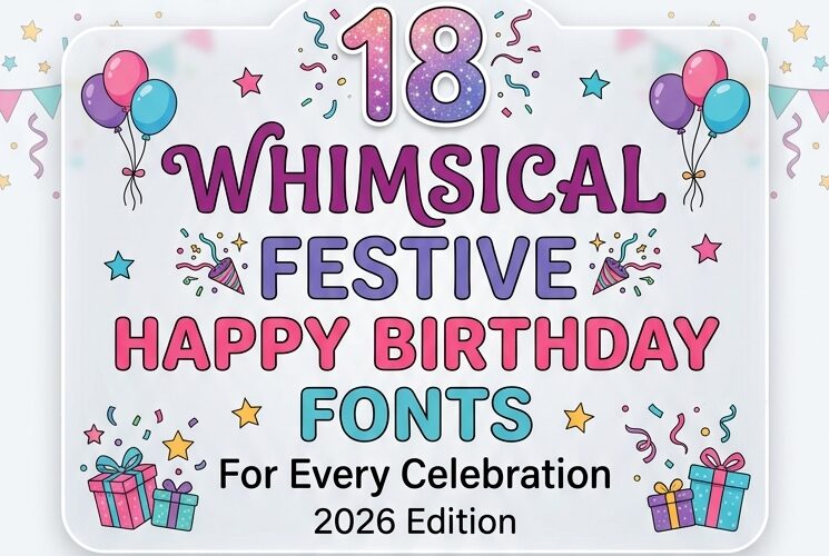 A vertical festive blog banner featuring the text "18 WHIMSICAL FESTIVE Happy Birthday FONTS for EVERY CELEBRATION" written in various colorful and playful fonts on a semi-transparent glass overlay. The background is decorated with colorful balloons, confetti, streamers, gifts, and birthday cakes with candles.
