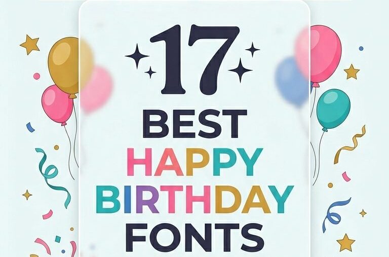 A collection of 17 best happy birthday fonts for 2026, showcasing various calligraphy and decorative typographies on numbered cards.
