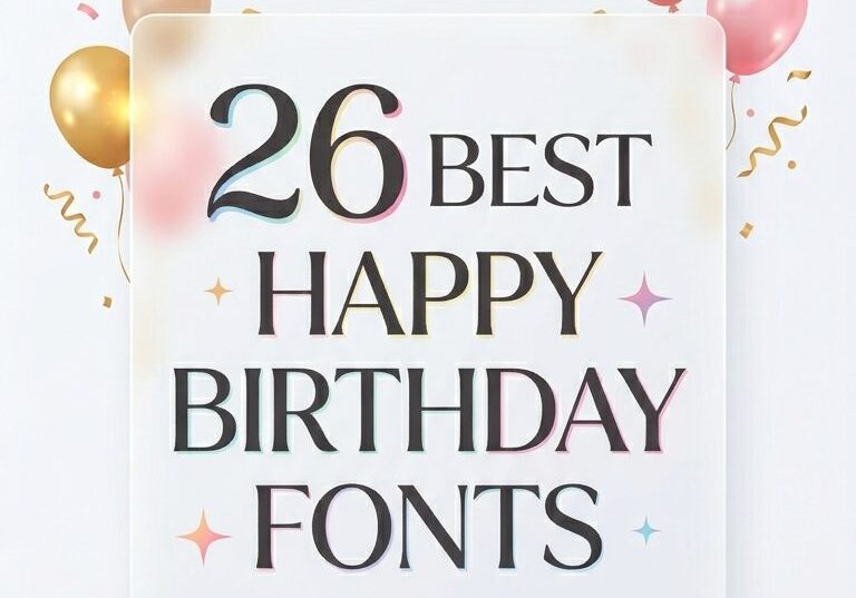 Infographic featuring 26 Happy Birthday Fonts for creative holiday designs and greeting cards.