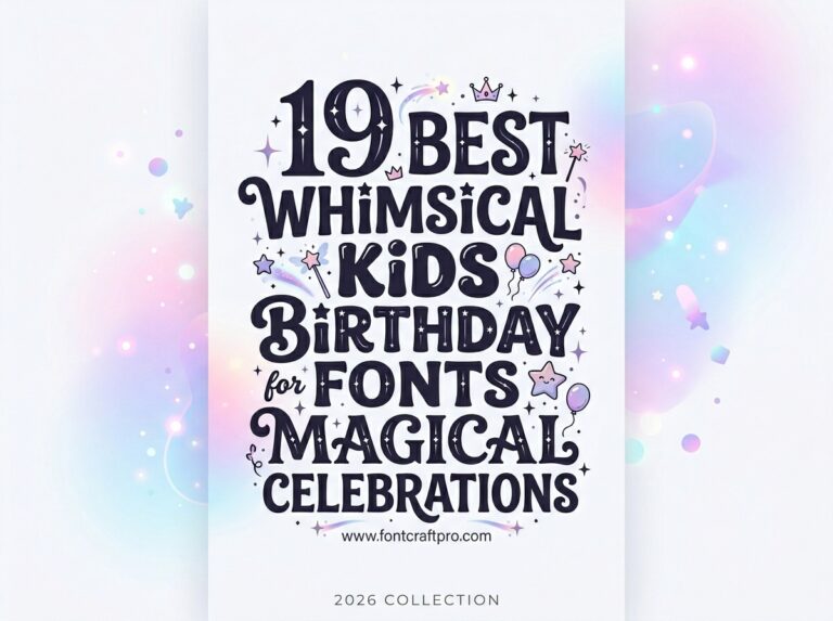 A vertical typography banner featuring the text "19 BEST WHIMSICAL KIDS BIRTHDAY FONTS for MAGICAL CELEBRATIONS" with "2026 COLLECTION". The playful hand-drawn lettering is decorated with small stars, magic wands, balloons, a crown, and a cute smiling star icon against a soft pastel galaxy background.