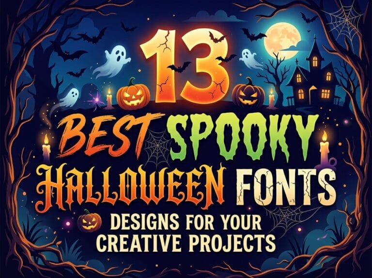 Halloween fonts featured on a spooky background with text "13 Best Spooky Halloween Fonts Designs for Your Creative Projects" alongside ghosts and a haunted house.