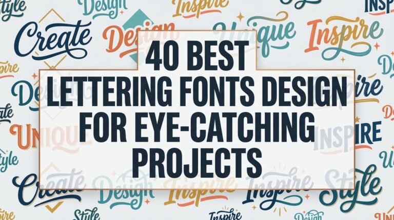 40 Best Lettering Fonts Design for Eye-Catching Projects" text graphic overlaying various calligraphic font samples