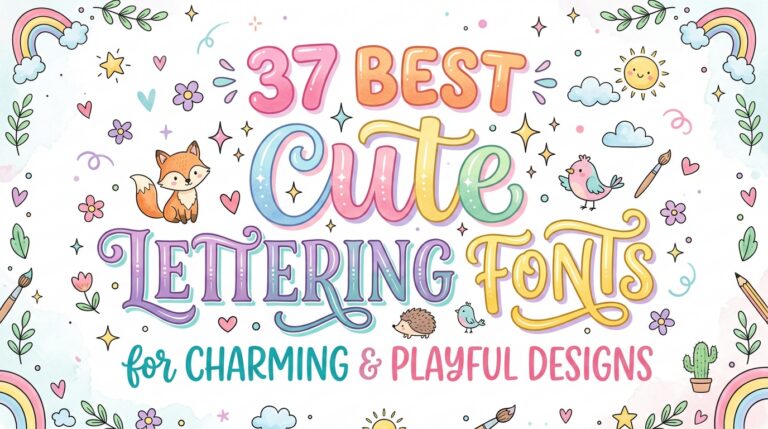 Cute Lettering Fonts article cover featuring the title "37 Best Cute Lettering Fonts for Charming & Playful Designs" with playful pastel illustrations.