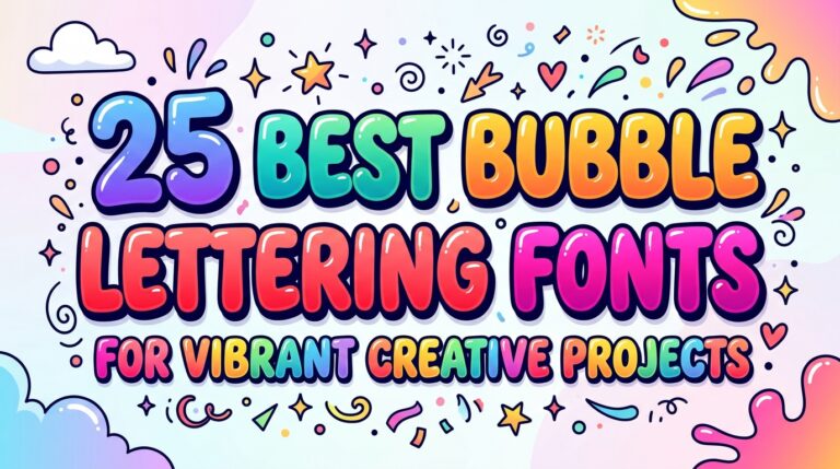 Bubble lettering fonts article cover reading "25 Best Bubble Lettering Fonts for Vibrant Creative Projects" with bright pastel illustrations.