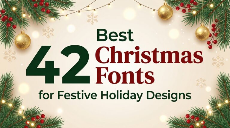Featured image with text "42 Best Christmas Fonts for Festive Holiday Designs" decorated with pine branches, red berries, and gold ornaments.