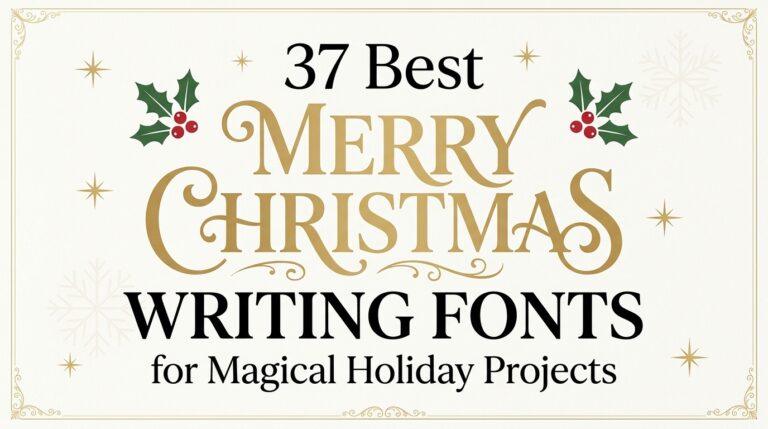 37 Best Merry Christmas Writing Fonts for Magical Holiday Projects title graphic featuring festive golden typography and holiday illustrations.