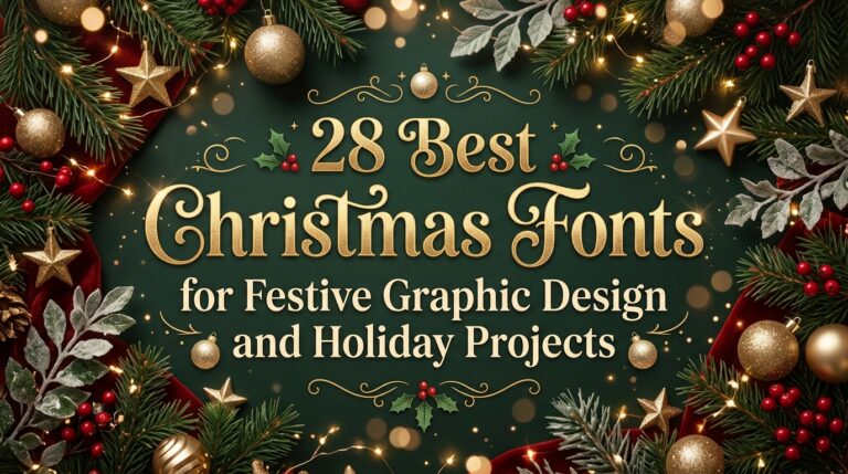 28 Best Christmas Fonts for festive graphic design and holiday projects — banner with gold lettering and Christmas ornaments