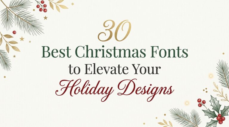 "30 Best Christmas Fonts to Elevate Your Holiday Designs" with gold number 30, green and red script text, pine branches, holly berries and gold leaf decorations