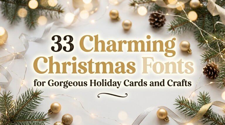 33 Charming Christmas Fonts for holiday cards and crafts — title text over a festive background with pine branches, gold ornaments, and string lights