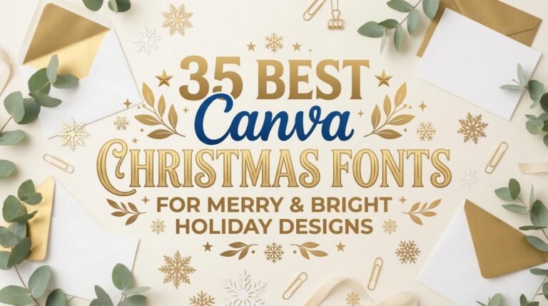 A celebratory article preview with the title "35 Best Canva Christmas Fonts for Merry & Bright Holiday Designs" in gold and navy typography. The background features a flat-lay of gold snowflakes, eucalyptus leaves, envelopes, and gold paper clips on a light cream surface.