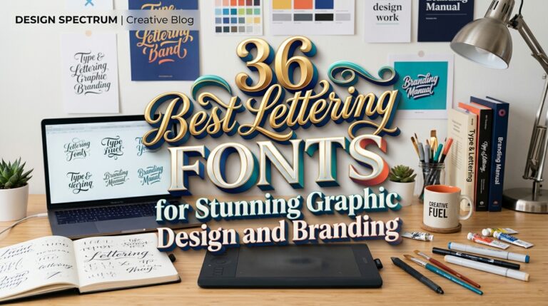 Designer's desk with laptop showing lettering fonts, color palettes, and branding materials — 36 best lettering fonts for graphic design