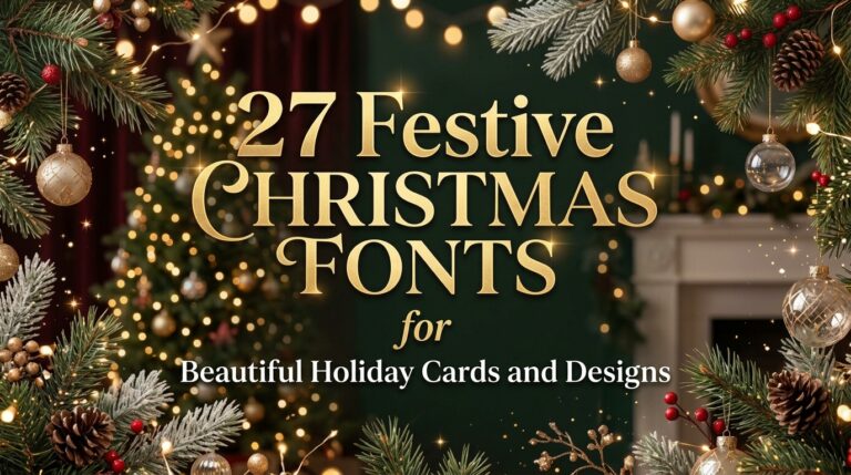 Graphic banner featuring text '27 Festive Christmas Fonts for Beautiful Holiday Cards and Designs' in elegant gold typography, framed by evergreen pine branches, shiny ornaments, and twinkling Christmas lights.