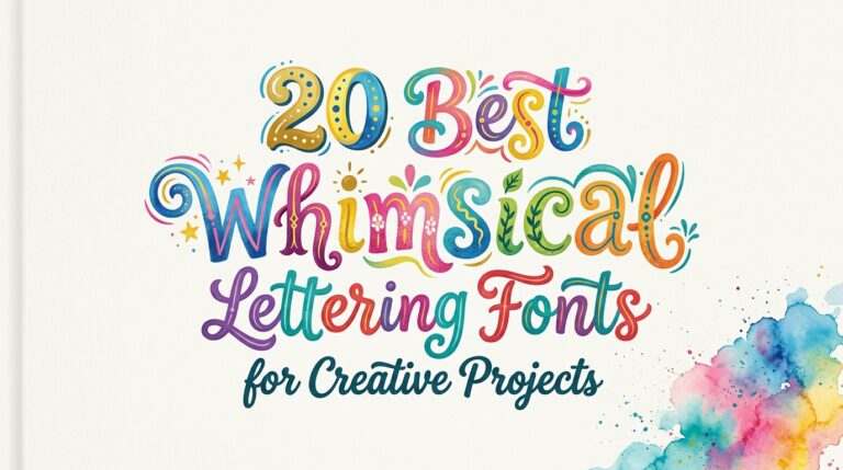 "20 Best Whimsical Lettering Fonts for Creative Projects" heading written in colorful, decorative hand-lettering with watercolor accents.