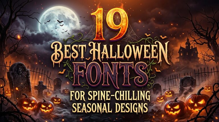 Collection of 19 best Halloween fonts for spine-chilling seasonal designs and holiday graphic design projects. Feature image includes carved pumpkins, a spooky graveyard, and a full moon for Halloween design inspiration.