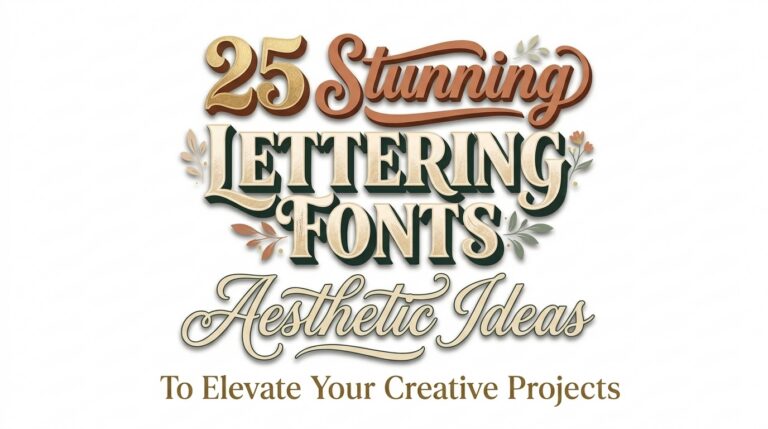 "25 Stunning Lettering Fonts, Aesthetic Ideas To Elevate Your Creative Projects" text on a white background with botanical elements.